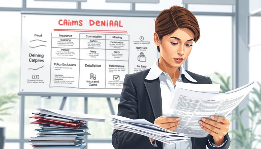 A professional, detailed illustration depicting insurance procedures for claims denial in a business context. In the foreground, a confident business person in professional attire examines a stack of documents, showcasing complex paperwork, insurance forms, and a calculator. In the middle ground, a large whiteboard displays charts and icons representing various reasons for claim denials, such as “fraud”, “missing documentation”, and “policy exclusions”. The background features a modern office with natural lighting coming through large windows, creating a bright atmosphere. A soft-focus effect adds a sense of professionalism, while a thoughtful look on the business person's face conveys the seriousness of navigating insurance claims. The image should evoke a mood of analysis and expertise, illustrating the complex landscape of insurance claim processes. A professional, detailed illustration depicting insurance procedures for claims denial in a business context. In the foreground, a confident business person in professional attire examines a stack of documents, showcasing complex paperwork, insurance forms, and a calculator. In the middle ground, a large whiteboard displays charts and icons representing various reasons for claim denials, such as “fraud”, “missing documentation”, and “policy exclusions”. The background features a modern office with natural lighting coming through large windows, creating a bright atmosphere. A soft-focus effect adds a sense of professionalism, while a thoughtful look on the business person's face conveys the seriousness of navigating insurance claims. The image should evoke a mood of analysis and expertise, illustrating the complex landscape of insurance claim processes.