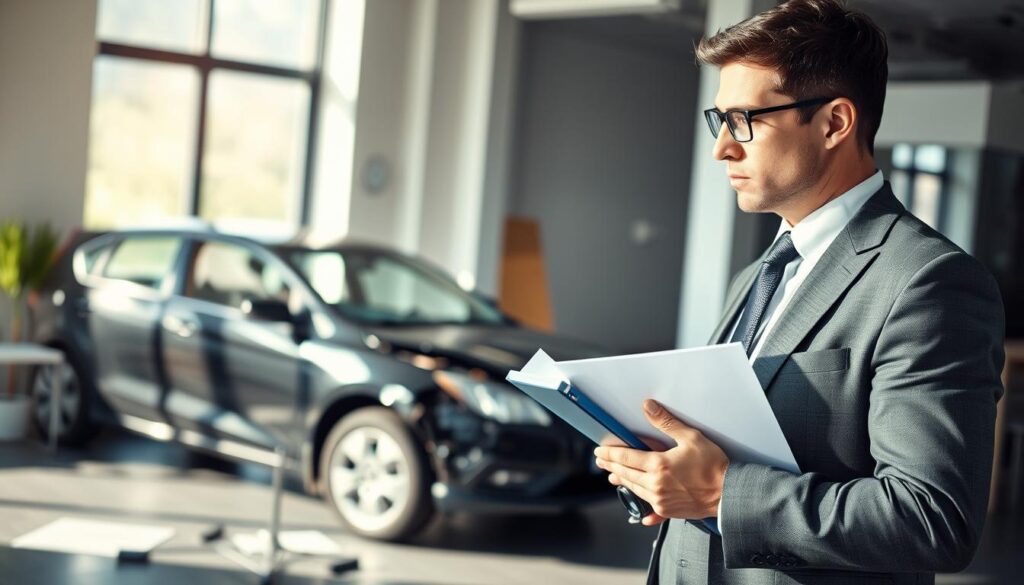 A professional insurance adjuster in a smart business suit examining a damaged vehicle with a clipboard and camera in hand, focused on meticulously evaluating the extent of damage. In the foreground, the adjuster is positioned slightly to the right, emphasizing their analytical approach. In the middle ground, a visibly damaged car is parked with its dented side and broken windows, highlighting the need for claims processing. In the background, a serene office environment with soft natural lighting filtering through a window, casting gentle shadows. The mood is serious and methodical, reflecting the step-by-step process of damage assessment in insurance. Perfect focus and depth of field to emphasize the adjuster's work while keeping the background slightly blurred. A professional insurance adjuster in a smart business suit examining a damaged vehicle with a clipboard and camera in hand, focused on meticulously evaluating the extent of damage. In the foreground, the adjuster is positioned slightly to the right, emphasizing their analytical approach. In the middle ground, a visibly damaged car is parked with its dented side and broken windows, highlighting the need for claims processing. In the background, a serene office environment with soft natural lighting filtering through a window, casting gentle shadows. The mood is serious and methodical, reflecting the step-by-step process of damage assessment in insurance. Perfect focus and depth of field to emphasize the adjuster's work while keeping the background slightly blurred.