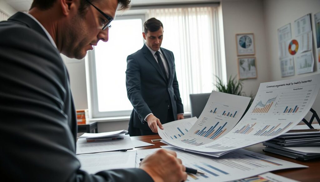 A professional insurance adjuster stands at a well-organized desk cluttered with documents and reports, engaging in deep analysis over data sheets showing vehicle damages and repair costs. The foreground features a close-up of the adjuster's focused facial expression, wearing a neatly pressed suit, emphasizing a serious discussion. In the middle ground, various graphs and charts showcasing statistical information and common arguments made by insurers are displayed on the desk. In the background, a large window lets in soft, natural light, illuminating the scene and creating a sense of an office environment. The atmosphere is serious and analytical, reflecting the complexities of insurance disputes. No text, captions, or other distractions present. A professional insurance adjuster stands at a well-organized desk cluttered with documents and reports, engaging in deep analysis over data sheets showing vehicle damages and repair costs. The foreground features a close-up of the adjuster's focused facial expression, wearing a neatly pressed suit, emphasizing a serious discussion. In the middle ground, various graphs and charts showcasing statistical information and common arguments made by insurers are displayed on the desk. In the background, a large window lets in soft, natural light, illuminating the scene and creating a sense of an office environment. The atmosphere is serious and analytical, reflecting the complexities of insurance disputes. No text, captions, or other distractions present.