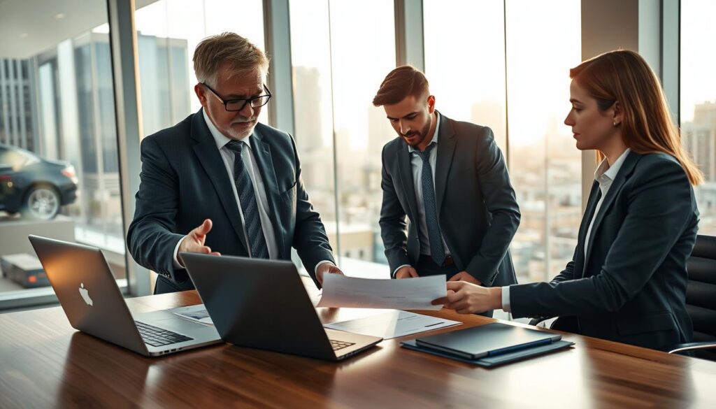 A professional insurance agent in a sleek, modern office environment, analyzing documents and discussing with a client. The foreground features a wooden desk with insurance papers and a laptop. The middle ground shows the agent, a middle-aged individual wearing a tailored suit with glasses, gesturing towards the documents. The client, a young adult in business casual attire, appears attentive and engaged. In the background, large windows reveal a cityscape with soft sunlight filtering through, casting warm, natural light in the room. The mood is professional yet approachable, encapsulating trust and collaboration in the world of automotive insurance. A professional insurance agent in a sleek, modern office environment, analyzing documents and discussing with a client. The foreground features a wooden desk with insurance papers and a laptop. The middle ground shows the agent, a middle-aged individual wearing a tailored suit with glasses, gesturing towards the documents. The client, a young adult in business casual attire, appears attentive and engaged. In the background, large windows reveal a cityscape with soft sunlight filtering through, casting warm, natural light in the room. The mood is professional yet approachable, encapsulating trust and collaboration in the world of automotive insurance.