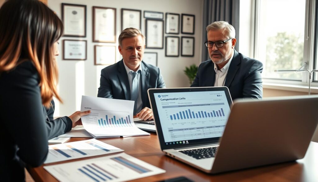 A professional insurance meeting in a bright, modern office setting, focused on a financial advisor and a client discussing insurance policies. In the foreground, a table with documents, graphs illustrating compensation limits, and a laptop open to a financial software page. The middle features the advisor, a middle-aged man dressed in smart business attire, explaining the policy terms with a confident expression. The client, a woman in professional attire, listens intently, taking notes. The background shows a wall with certificates and a large window letting in natural light, creating a warm and engaging atmosphere. The scene conveys a sense of trust and professionalism, emphasizing the complexities of compensation limits in insurance policies.