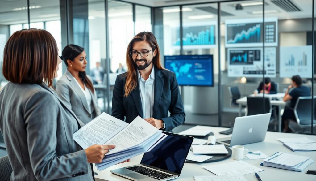 A professional insurance office setting, showcasing a diverse group of business people in formal attire discussing insurance procedures. In the foreground, a confident female insurance agent is explaining documentation while pointing to an open file filled with forms and claims. The middle layer features a modern conference table strewn with documents, laptops, and a digital screen displaying graphs and data relating to insurance claims. In the background, glass walls reveal a busy office with additional staff working. The ambiance is bright and focused, with natural light streaming through windows, creating a sense of transparency and professionalism. The camera angle is slightly elevated, capturing the bustling activity, reflecting the complexity of insurance claim processes and recent regulatory changes. A professional insurance office setting, showcasing a diverse group of business people in formal attire discussing insurance procedures. In the foreground, a confident female insurance agent is explaining documentation while pointing to an open file filled with forms and claims. The middle layer features a modern conference table strewn with documents, laptops, and a digital screen displaying graphs and data relating to insurance claims. In the background, glass walls reveal a busy office with additional staff working. The ambiance is bright and focused, with natural light streaming through windows, creating a sense of transparency and professionalism. The camera angle is slightly elevated, capturing the bustling activity, reflecting the complexity of insurance claim processes and recent regulatory changes.