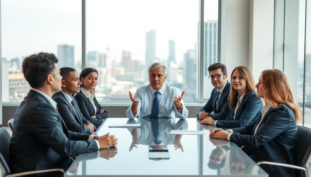 A professional mediator sits at a sleek, modern conference table in a well-lit office environment. In the foreground, a diverse group of individuals dressed in professional business attire listens attentively, with expressions reflecting focus and contemplation. In the middle of the scene, the mediator, a middle-aged person with glasses, gestures confidently, emphasizing the importance of dialogue. The background features a large window showcasing a city skyline, symbolizing openness and transparency in the mediation process. Soft, natural light streams in, creating a warm and inviting atmosphere. The overall mood conveys collaboration and understanding, making it clear that mediation is a viable solution for resolving compensation disputes.