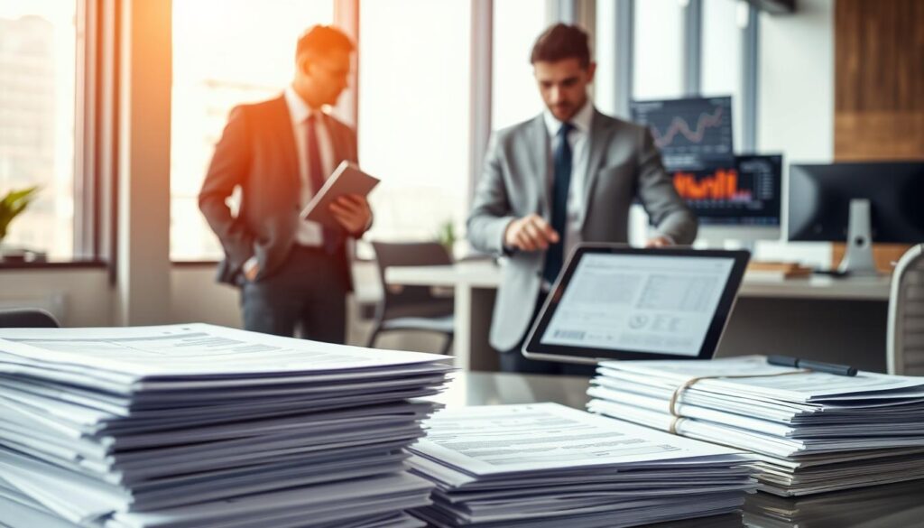 A professional office environment depicting the role of documentation in the claims process. In the foreground, a close-up of neatly organized stacks of paperwork and digital tablets displaying insurance claim forms and related documents. In the middle, two business professionals in smart attire discussing the documents, with one pointing to a specific section on a tablet screen, showcasing collaboration. The background features a large window with soft natural light filtering in, creating a warm and focused atmosphere. A sleek desk with a computer monitor displaying graphs and data related to the claims process is visible. The overall mood is serious and focused, emphasizing the importance of accurate documentation in successful claims management.
