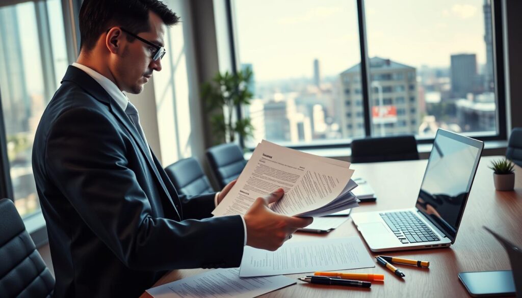 A professional office environment showcasing a detailed scene of an insurance contract analysis. In the foreground, a business professional dressed in a smart suit examines a stack of insurance documents, with a focused expression. The middle ground features a sleek wooden desk cluttered with pens, highlighters, and a laptop displaying policy details. In the background, a large window reveals a city skyline, flooding the space with natural light, casting soft shadows across the room. The ambiance conveys a serious yet contemplative mood, reflecting the nuances of insurance negotiations. The image should be well-lit with a warm tone, emphasizing a reflective atmosphere conducive to decision-making and analysis.