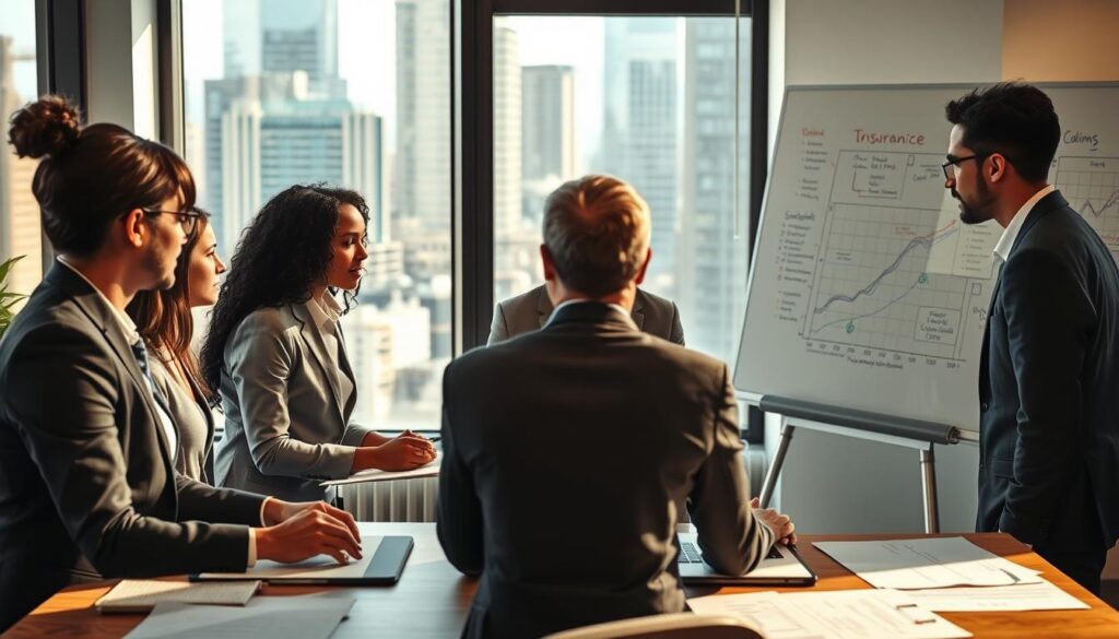 A professional office environment showcasing the insurance industry. In the foreground, a diverse group of three professionals in business attire, engaged in a serious discussion around a table filled with documents and charts, illustrating insurance practices. The middle ground features a large window with natural light flooding in, accentuating the modern office decor and a bustling city view. In the background, a whiteboard with complex graphs and notes about claims and compensation strategies. The atmosphere is focused and analytical, conveying a sense of urgency and professionalism. Soft shadows enhance the depth, while warm lighting creates an inviting yet serious mood. A professional office environment showcasing the insurance industry. In the foreground, a diverse group of three professionals in business attire, engaged in a serious discussion around a table filled with documents and charts, illustrating insurance practices. The middle ground features a large window with natural light flooding in, accentuating the modern office decor and a bustling city view. In the background, a whiteboard with complex graphs and notes about claims and compensation strategies. The atmosphere is focused and analytical, conveying a sense of urgency and professionalism. Soft shadows enhance the depth, while warm lighting creates an inviting yet serious mood.