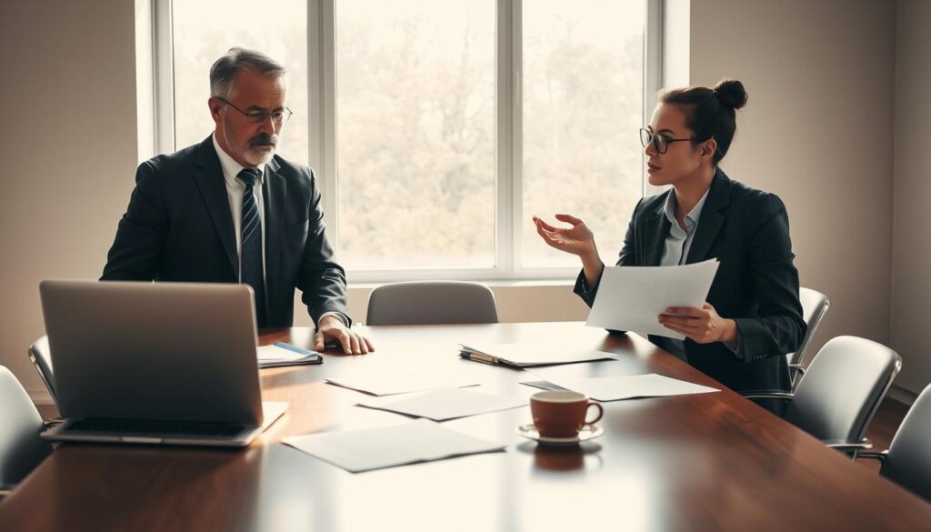 A professional office setting depicting a serious conversation between an insurance adjuster and a policyholder discussing damage claims. In the foreground, the adjuster, a middle-aged individual in a smart business suit, looks attentively at a laptop displaying a claims report. The policyholder, a younger individual in business casual attire, gestures expressively while holding documentation in hand. The middle ground features a sleek wooden conference table scattered with paperwork, a laptop, and a coffee cup. In the background, a large window allows natural light to flood the room, casting soft shadows and creating a calm atmosphere. The overall mood reflects professionalism and urgency, conveying the complexities and possibilities surrounding insurance claims and damage settlements.