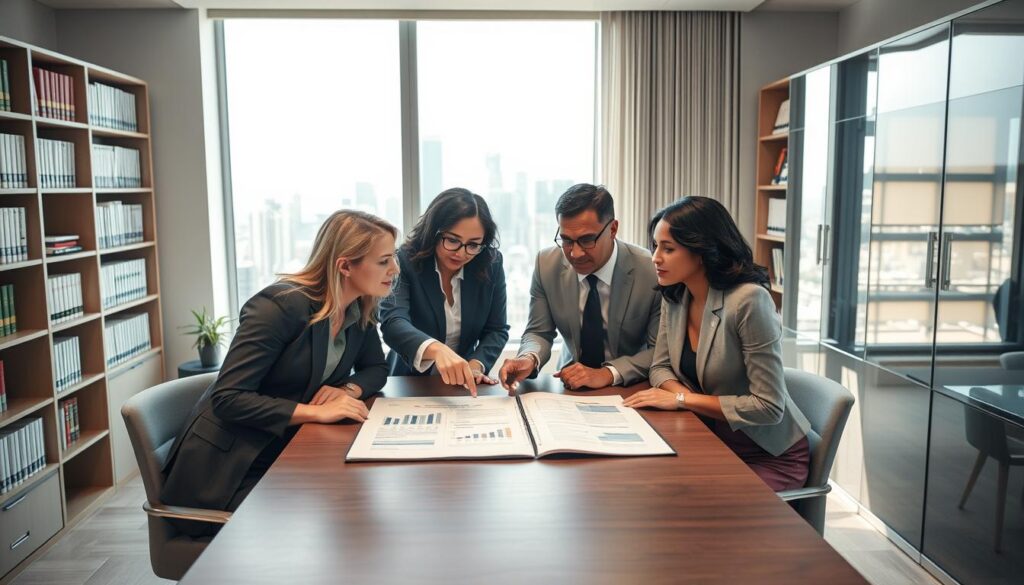 A professional office setting focusing on the theme of insurance disputes and liability. In the foreground, a diverse team of three professionals in business attire engages in a serious discussion over a table, with one person pointing at an open legal document featuring charts and notes about liability. In the middle, a large window lets in soft, natural light, creating an inviting atmosphere, while bookcases filled with legal books and insurance reports are positioned on the sides. In the background, a cityscape is visible through the window, symbolizing the larger implications of insurance claims. The overall mood is serious yet collaborative, emphasizing the analytical nature of understanding fault in insurance events. Use a warm color palette with soft shadows for a professional look.