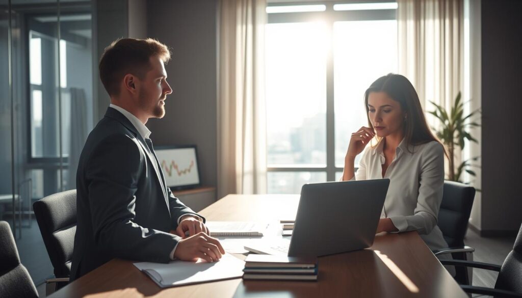A professional office setting illustrates the theme of "real cases" in insurance disputes. In the foreground, two business professionals—one male and one female—are engaged in a serious discussion, both dressed in smart business attire, portraying concern and focus. The middle ground features a table with relevant documents and a laptop displaying graphs, suggesting analytical insights. In the background, a large window allows natural light to flood the room, creating a warm, inviting atmosphere while hinting at an urban environment outside. Soft shadows add depth to the scene, and the overall mood conveys a sense of urgency and professionalism, emphasizing the importance of the subject matter at hand. A professional office setting illustrates the theme of "real cases" in insurance disputes. In the foreground, two business professionals—one male and one female—are engaged in a serious discussion, both dressed in smart business attire, portraying concern and focus. The middle ground features a table with relevant documents and a laptop displaying graphs, suggesting analytical insights. In the background, a large window allows natural light to flood the room, creating a warm, inviting atmosphere while hinting at an urban environment outside. Soft shadows add depth to the scene, and the overall mood conveys a sense of urgency and professionalism, emphasizing the importance of the subject matter at hand.