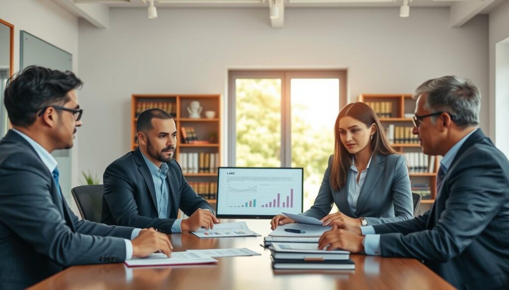 A professional office setting illustrating the process of claim settlement in insurance. In the foreground, a diverse group of three business professionals, two men and a woman, are engaged in a discussion around a conference table, reviewing documents and digital screens that display graphs and charts. The middle ground features a large window allowing natural light to stream in, creating a warm and inviting atmosphere. In the background, shelves filled with legal books and files indicate a focus on claims processing. All figures are dressed in professional business attire, reflecting a serious and collaborative mood. The image is captured from a slightly elevated angle to provide a comprehensive view of the procedure in action, ensuring clarity and focus on the professionals involved.