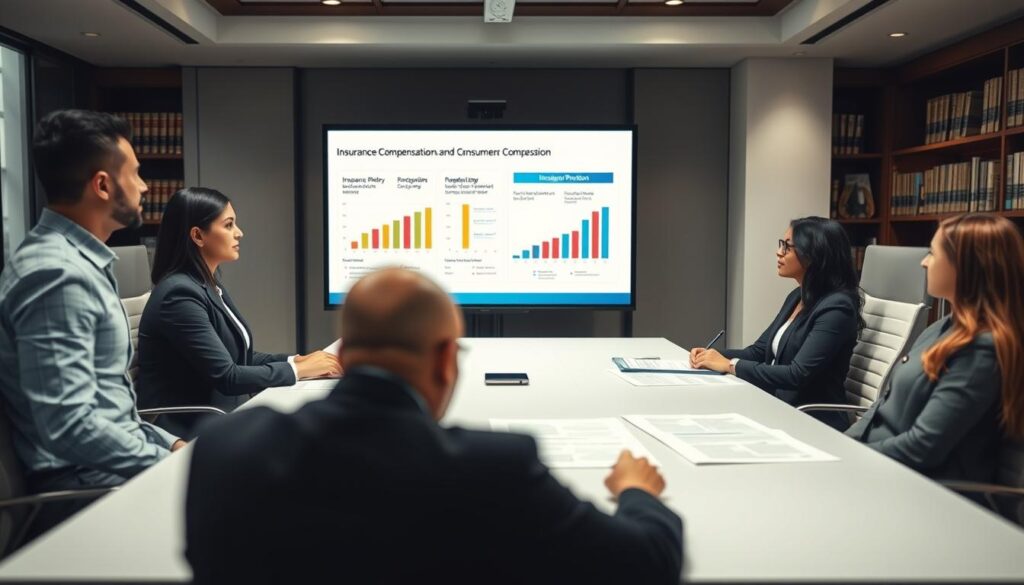 A professional office setting illustrating the theme of insurance compensation and regulatory procedures. In the foreground, a diverse group of four individuals in business attire are engaged in a discussions at a modern conference table, with documents outlining insurance policies spread out in front of them. In the middle, a large screen displays charts and data related to legal regulations and consumer protection. The background features shelves filled with legal books and soft lighting that creates a serious yet collaborative atmosphere. The image is well-lit, with a focus on the group and the presentation screen, capturing the essence of professionalism and the importance of regulation in protecting consumer rights. A professional office setting illustrating the theme of insurance compensation and regulatory procedures. In the foreground, a diverse group of four individuals in business attire are engaged in a discussions at a modern conference table, with documents outlining insurance policies spread out in front of them. In the middle, a large screen displays charts and data related to legal regulations and consumer protection. The background features shelves filled with legal books and soft lighting that creates a serious yet collaborative atmosphere. The image is well-lit, with a focus on the group and the presentation screen, capturing the essence of professionalism and the importance of regulation in protecting consumer rights.
