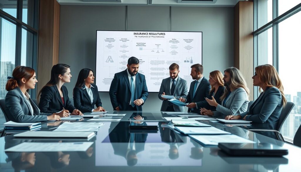 A professional office setting showcasing insurance procedures. In the foreground, a diverse group of business professionals in professional attire, engaged in deep discussion over paperwork and documents on a sleek conference table. In the middle, a large digital screen displaying flowcharts and legal texts, emphasizing insurance regulations. The background features tall windows with soft natural light illuminating the space, creating a serious yet collaborative atmosphere. The image captures the essence of decision-making processes, with a focus on the complexities of insurance claims and legal frameworks. The perspective is slightly elevated, providing a comprehensive view of the scene while maintaining a professional tone.