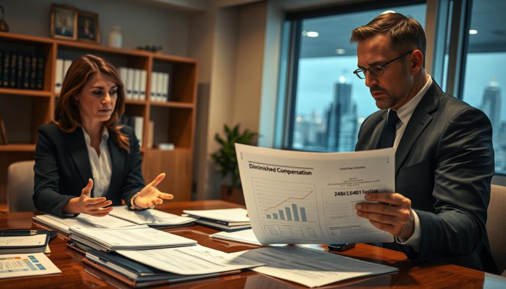 A professional office setting where two business professionals are engaged in a serious discussion over a table filled with documents and charts. In the foreground, a female insurance claims adjuster, dressed in smart business attire, gestures emphatically as she explains the claim process. In the middle ground, a male client, appearing concerned, studies a document showing a reduced compensation amount, clearly illustrating the concept of "diminished compensation." The background features shelves lined with insurance books and a softly lit window with a view of a bustling city. The lighting is warm and focused, creating an atmosphere of tension and urgency as they navigate the complexities of the claim. The angle is slightly elevated to capture the dynamics of their discussion. A professional office setting where two business professionals are engaged in a serious discussion over a table filled with documents and charts. In the foreground, a female insurance claims adjuster, dressed in smart business attire, gestures emphatically as she explains the claim process. In the middle ground, a male client, appearing concerned, studies a document showing a reduced compensation amount, clearly illustrating the concept of "diminished compensation." The background features shelves lined with insurance books and a softly lit window with a view of a bustling city. The lighting is warm and focused, creating an atmosphere of tension and urgency as they navigate the complexities of the claim. The angle is slightly elevated to capture the dynamics of their discussion.