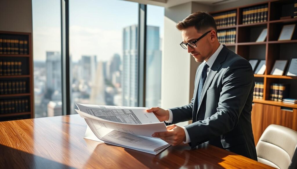 A professional property appraiser, depicted in a sleek office environment, is examining a set of building plans on a polished wooden desk. He is dressed in formal business attire, wearing a tailored suit and glasses, radiating competence and attention to detail. The background features shelves filled with legal books and certificates, while a large window allows natural light to pour in, casting soft shadows across the room. A cityscape is visible outside, hinting at a bustling urban setting. The atmosphere conveys a sense of seriousness and professionalism, highlighting the importance of accurate assessments in insurance contexts. The image is captured with a focus on the appraiser, framed from a slight angle to emphasize his engagement with the materials at hand. A professional property appraiser, depicted in a sleek office environment, is examining a set of building plans on a polished wooden desk. He is dressed in formal business attire, wearing a tailored suit and glasses, radiating competence and attention to detail. The background features shelves filled with legal books and certificates, while a large window allows natural light to pour in, casting soft shadows across the room. A cityscape is visible outside, hinting at a bustling urban setting. The atmosphere conveys a sense of seriousness and professionalism, highlighting the importance of accurate assessments in insurance contexts. The image is captured with a focus on the appraiser, framed from a slight angle to emphasize his engagement with the materials at hand.