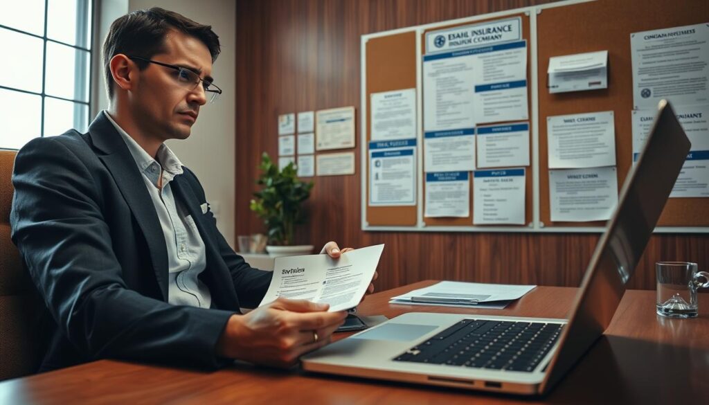 A professional scene depicting a consumer filing a complaint against an insurance company. In the foreground, a person in smart casual attire, holding a completed complaint form and looking contemplative, sits at a wooden desk with a laptop open, showcasing a digital interface. In the middle ground, a wall-mounted bulletin board displays various policies and complaint procedures, organized neatly. In the background, a window provides natural light, illuminating the office space. The atmosphere conveys a mix of concern and determination, with warm tones creating a friendly yet serious setting. The perspective is slightly angled downward to emphasize the person and their actions, ensuring a clear focus on the complaint process. A professional scene depicting a consumer filing a complaint against an insurance company. In the foreground, a person in smart casual attire, holding a completed complaint form and looking contemplative, sits at a wooden desk with a laptop open, showcasing a digital interface. In the middle ground, a wall-mounted bulletin board displays various policies and complaint procedures, organized neatly. In the background, a window provides natural light, illuminating the office space. The atmosphere conveys a mix of concern and determination, with warm tones creating a friendly yet serious setting. The perspective is slightly angled downward to emphasize the person and their actions, ensuring a clear focus on the complaint process.