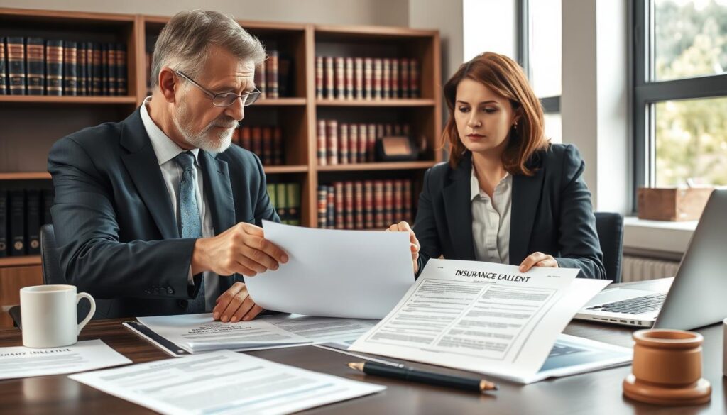 A professional setting illustrating a formal office environment, featuring a middle-aged man and woman in business attire engaged in a thoughtful discussion over an insurance document and a laptop. The man is pointing at a specific section of the document, while the woman appears to be contemplating, with a serious expression. The foreground includes a neatly arranged desk with papers and a coffee cup, while the background showcases shelves filled with legal books and a window allowing soft, natural light to illuminate the scene. The mood is focused and analytical, capturing the essence of evaluating an insurance claim decision. The composition should have a balanced, organized layout, creating a sense of professionalism and seriousness in addressing the topic of appealing an insurance decision. A professional setting illustrating a formal office environment, featuring a middle-aged man and woman in business attire engaged in a thoughtful discussion over an insurance document and a laptop. The man is pointing at a specific section of the document, while the woman appears to be contemplating, with a serious expression. The foreground includes a neatly arranged desk with papers and a coffee cup, while the background showcases shelves filled with legal books and a window allowing soft, natural light to illuminate the scene. The mood is focused and analytical, capturing the essence of evaluating an insurance claim decision. The composition should have a balanced, organized layout, creating a sense of professionalism and seriousness in addressing the topic of appealing an insurance decision.