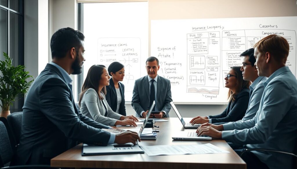 A professional setting illustrating the concept of "liquidation procedures" in a serene office environment. In the foreground, a diverse group of professionals in business attire is engaged in a discussion around a conference table, with documents and a laptop open, emphasizing analysis and problem-solving. In the middle ground, a large window allows soft, natural light to flood the room, highlighting the seriousness of the discussion. The background features a whiteboard filled with charts and notes related to insurance claims and compensation processes. The mood is focused and analytical, reflecting the importance of navigating insurance claims effectively. The camera angle is slightly above eye level, capturing the dynamics of the conversation and the elements of the office space harmoniously. A professional setting illustrating the concept of "liquidation procedures" in a serene office environment. In the foreground, a diverse group of professionals in business attire is engaged in a discussion around a conference table, with documents and a laptop open, emphasizing analysis and problem-solving. In the middle ground, a large window allows soft, natural light to flood the room, highlighting the seriousness of the discussion. The background features a whiteboard filled with charts and notes related to insurance claims and compensation processes. The mood is focused and analytical, reflecting the importance of navigating insurance claims effectively. The camera angle is slightly above eye level, capturing the dynamics of the conversation and the elements of the office space harmoniously.