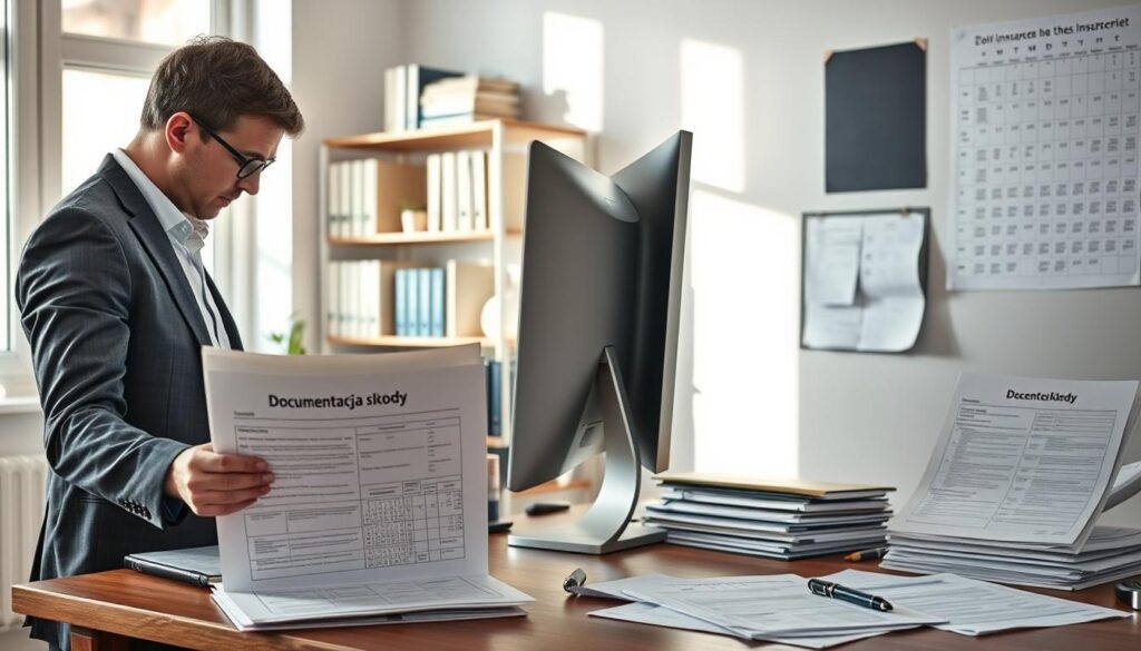 A professional workspace featuring a neatly organized desk with a variety of documents illustrating an insurance claim process. In the foreground, a focused individual in business attire examines a file labeled "dokumentacja szkody." The middle ground showcases a computer with detailed spreadsheets and forms related to damage assessment. In the background, there are shelves filled with reference books and a wall calendar marking important dates in the claims process. Soft, natural lighting filtering through a window creates a calm and focused atmosphere. The scene conveys an air of professionalism and diligence, emphasizing the critical role of documentation in the claims settlement process.