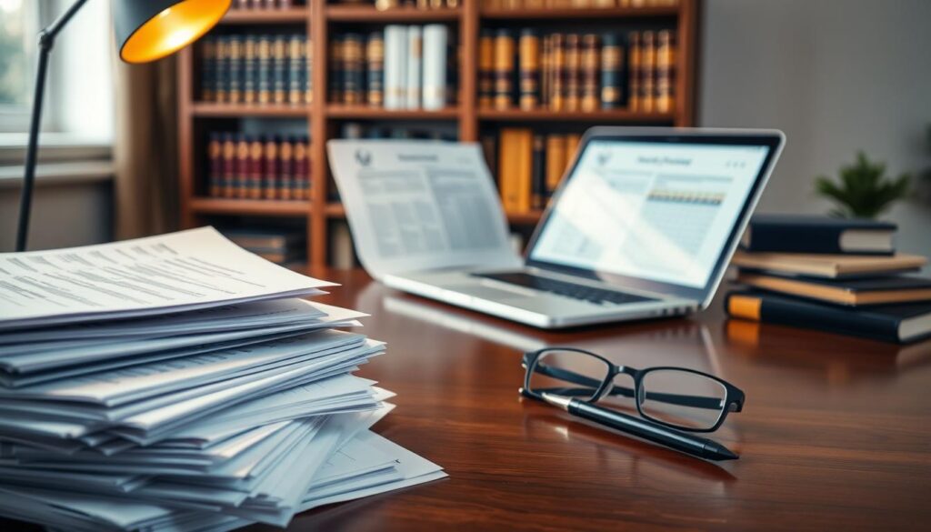 A professional workspace setting focusing on essential documents required for the claims process. In the foreground, a neat stack of various paperwork including forms, policy documents, and claims requests, all organized and partially illuminated by a desk lamp. In the middle, a polished wooden desk with a laptop open, displaying a spreadsheet, while a pair of reading glasses rests beside a pen. The background features a soft-focus bookshelf filled with legal texts and reference materials, softly lit to create a calm, focused atmosphere. The overall mood is serious and professional, conveying the importance of documentation in insurance claims. Natural lighting from a nearby window enhances the clarity and warmth of the scene. A professional workspace setting focusing on essential documents required for the claims process. In the foreground, a neat stack of various paperwork including forms, policy documents, and claims requests, all organized and partially illuminated by a desk lamp. In the middle, a polished wooden desk with a laptop open, displaying a spreadsheet, while a pair of reading glasses rests beside a pen. The background features a soft-focus bookshelf filled with legal texts and reference materials, softly lit to create a calm, focused atmosphere. The overall mood is serious and professional, conveying the importance of documentation in insurance claims. Natural lighting from a nearby window enhances the clarity and warmth of the scene.