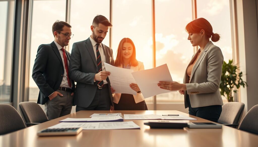 A step-by-step illustration of the damage liquidation process in an office environment. In the foreground, a diverse group of three professionals, two men and one woman, dressed in smart business attire, are discussing documents and reviewing an insurance claim file. The middle ground features a well-lit conference table with papers, a laptop, and a calculator, symbolizing organization and efficiency. In the background, soft focus on a large window showcasing a clear sky, representing transparency in the claims process. Warm lighting creates an inviting atmosphere, encouraging collaboration and analytical thinking. The angle captures the action from a slightly elevated perspective, emphasizing the teamwork involved in the damage liquidation process. A step-by-step illustration of the damage liquidation process in an office environment. In the foreground, a diverse group of three professionals, two men and one woman, dressed in smart business attire, are discussing documents and reviewing an insurance claim file. The middle ground features a well-lit conference table with papers, a laptop, and a calculator, symbolizing organization and efficiency. In the background, soft focus on a large window showcasing a clear sky, representing transparency in the claims process. Warm lighting creates an inviting atmosphere, encouraging collaboration and analytical thinking. The angle captures the action from a slightly elevated perspective, emphasizing the teamwork involved in the damage liquidation process.