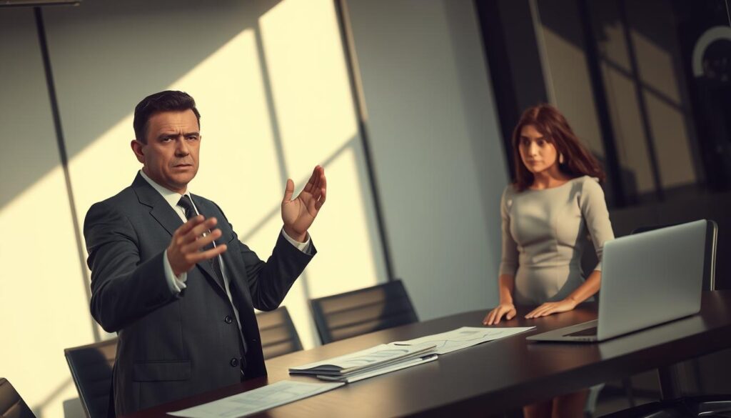 A tense legal dispute scene depicting two professional businesspeople engaged in a negotiation over insurance compensation claims. In the foreground, a serious-looking man in a tailored suit gestures emphatically, while a poised woman in a sleek dress listens intently, her expression focused. Their surroundings show a modern office setting with a stylish conference table, legal documents scattered, and a laptop open with graphs on the screen. In the background, a large window allows natural light to flood the room, casting shadows that enhance the dramatic atmosphere. The overall mood conveys intensity and a sense of resolution, capturing the nuances of disputes regarding compensation claims. The image is well-lit, with a slight depth of field to emphasize the figures in the foreground. A tense legal dispute scene depicting two professional businesspeople engaged in a negotiation over insurance compensation claims. In the foreground, a serious-looking man in a tailored suit gestures emphatically, while a poised woman in a sleek dress listens intently, her expression focused. Their surroundings show a modern office setting with a stylish conference table, legal documents scattered, and a laptop open with graphs on the screen. In the background, a large window allows natural light to flood the room, casting shadows that enhance the dramatic atmosphere. The overall mood conveys intensity and a sense of resolution, capturing the nuances of disputes regarding compensation claims. The image is well-lit, with a slight depth of field to emphasize the figures in the foreground.