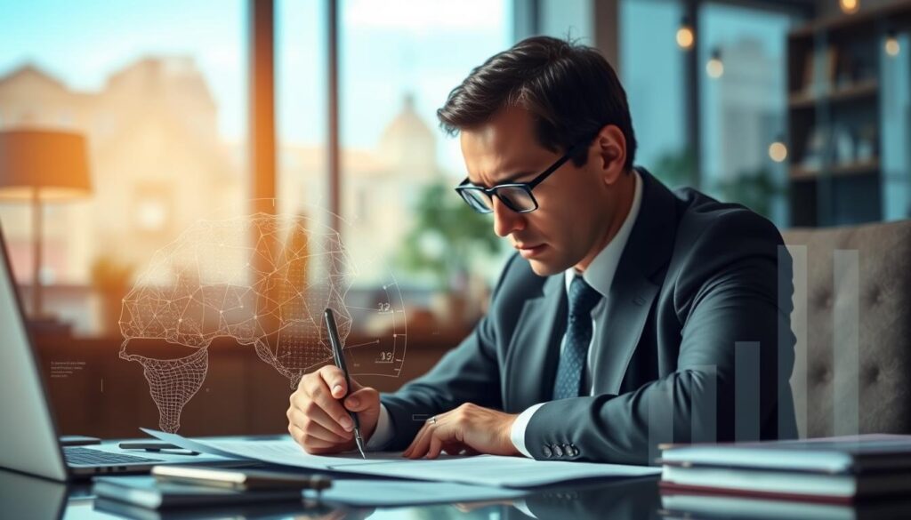 A thoughtful depiction of the psychology involved in insurance relationships, featuring a professional setting. In the foreground, a business professional in formal attire sits at a desk, deeply analyzing documents with a pensive expression. In the middle ground, a transparent overlay of insurance paperwork and psychological charts conveys the analytical process. The background features a softly blurred office environment, with warm lighting creating a welcoming atmosphere. A large window allows natural light to filter in, symbolizing clarity and insight. The overall mood is contemplative and serious, capturing the intricate dynamics of trust and skepticism in insurance claims. The composition should evoke a sense of professionalism and responsibility, focusing on the emotional aspects of interactions between insurers and clients. A thoughtful depiction of the psychology involved in insurance relationships, featuring a professional setting. In the foreground, a business professional in formal attire sits at a desk, deeply analyzing documents with a pensive expression. In the middle ground, a transparent overlay of insurance paperwork and psychological charts conveys the analytical process. The background features a softly blurred office environment, with warm lighting creating a welcoming atmosphere. A large window allows natural light to filter in, symbolizing clarity and insight. The overall mood is contemplative and serious, capturing the intricate dynamics of trust and skepticism in insurance claims. The composition should evoke a sense of professionalism and responsibility, focusing on the emotional aspects of interactions between insurers and clients.