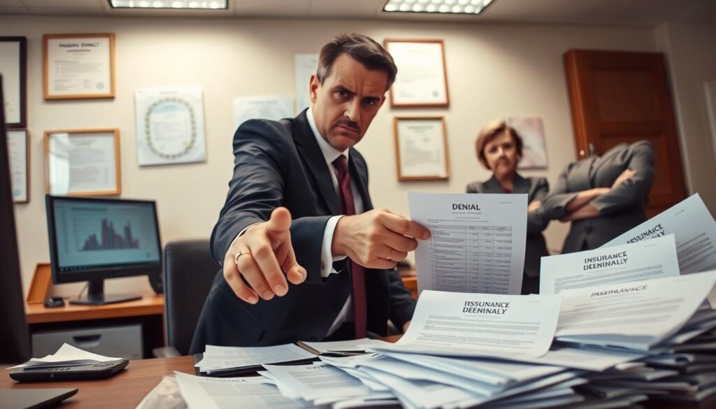 An office scene showcasing a desk piled with documents and formal letters denying insurance claims, with a computer displaying financial charts in the background. In the foreground, a professional-looking man in a business suit with a concerned expression is pointing at the denial letters, while a woman in modest formal attire observes with a skeptical look, her arms crossed. Soft overhead lighting casts a serious tone, highlighting the tension in the atmosphere. The walls are lined with framed insurance certificates and charts, symbolizing the bureaucracy. Capture this moment from a slightly elevated angle to emphasize the chaos of paperwork below, creating a sense of overwhelm and frustration regarding denied compensation claims. An office scene showcasing a desk piled with documents and formal letters denying insurance claims, with a computer displaying financial charts in the background. In the foreground, a professional-looking man in a business suit with a concerned expression is pointing at the denial letters, while a woman in modest formal attire observes with a skeptical look, her arms crossed. Soft overhead lighting casts a serious tone, highlighting the tension in the atmosphere. The walls are lined with framed insurance certificates and charts, symbolizing the bureaucracy. Capture this moment from a slightly elevated angle to emphasize the chaos of paperwork below, creating a sense of overwhelm and frustration regarding denied compensation claims.