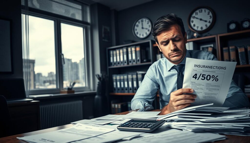 A darkened office environment, showcasing a large, cluttered desk with scattered papers and a calculator displaying a low compensation figure. In the foreground, a concerned individual in professional attire, studying the documents with a worried expression. In the middle ground, a window reveals a gloomy cityscape, hinting at the economic pressures outside. The background features shelves filled with insurance files and a clock showing late hours, emphasizing the stress of the situation. Soft, dramatic lighting casts shadows that heighten the atmosphere of tension and uncertainty. The overall mood is serious and contemplative, reflecting the complexities and struggles faced in the claims process.