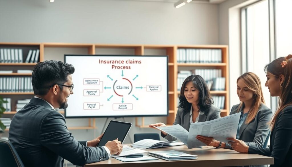 A detailed illustration of the process of insurance claims settlement in the context of vehicle damage, set in a modern office environment. In the foreground, a diverse group of professionals in business attire (a man and a woman) are engaged in a structured discussion over paperwork and a laptop, symbolizing collaboration and analysis. In the middle ground, a large screen displays a flowchart representing the claims process, with arrows showing various stages like "Assessment," "Approval," and "Payout." In the background, shelves filled with insurance books and documents create an organized atmosphere. The lighting is bright and focused, enhancing clarity and professionalism. The overall mood conveys diligence, transparency, and expertise in the claims handling process. A detailed illustration of the process of insurance claims settlement in the context of vehicle damage, set in a modern office environment. In the foreground, a diverse group of professionals in business attire (a man and a woman) are engaged in a structured discussion over paperwork and a laptop, symbolizing collaboration and analysis. In the middle ground, a large screen displays a flowchart representing the claims process, with arrows showing various stages like "Assessment," "Approval," and "Payout." In the background, shelves filled with insurance books and documents create an organized atmosphere. The lighting is bright and focused, enhancing clarity and professionalism. The overall mood conveys diligence, transparency, and expertise in the claims handling process.