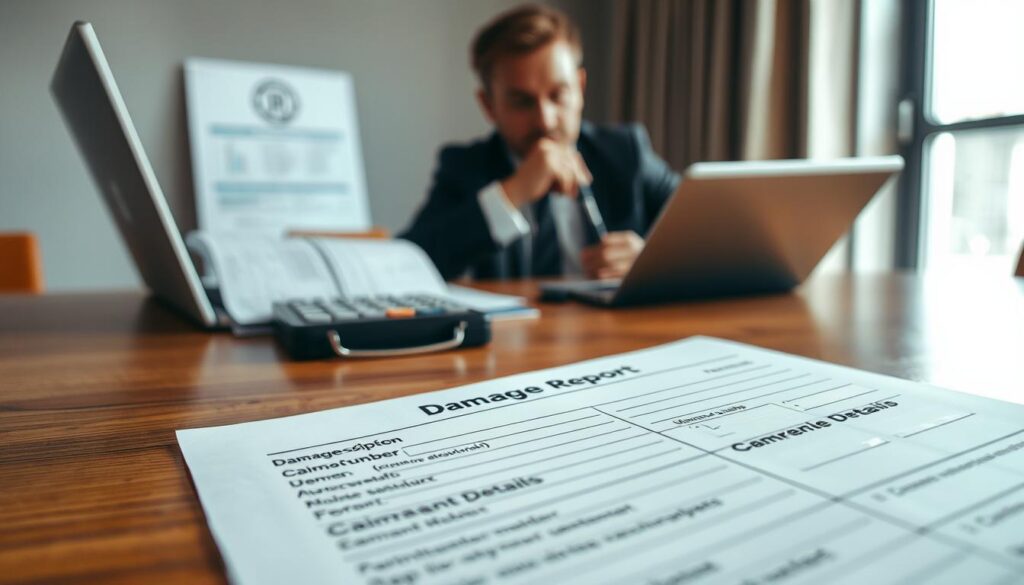 A detailed insurance damage report (raport szkody) placed on a wooden desk, visually emphasizing its official and formal nature. In the foreground, a neatly filled form visible, showcasing key sections such as "Damage Description," "Claim Number," and "Claimant Details" with blank spaces for handwritten notes. In the middle ground, a professional-looking person in business attire, a middle-aged man or woman, appears focused as they examine the report, with a calculator and a laptop open beside them, representing a financial assessment. The background features a blurred office environment with soft lighting, evoking a serious yet diligent atmosphere. This image should convey a sense of professionalism and the complexities involved in handling insurance claims, underscored by natural light filtering through a nearby window.