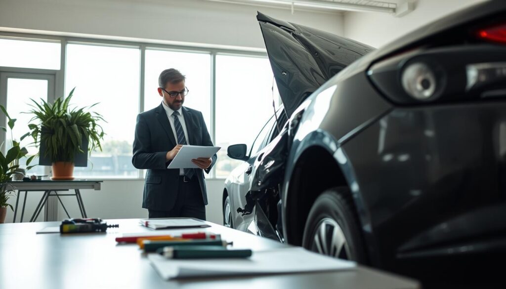 A detailed scene depicting a professional insurance adjuster examining vehicle damage in a well-lit office environment. In the foreground, the adjuster, dressed in business attire, is attentively inspecting a damaged car, taking notes on a clipboard. The middle ground features a table with tools and documents related to the assessment. In the background, a large window allows natural light to stream in, enhancing the atmosphere of clarity and professionalism. The overall mood is serious and analytical, emphasizing the importance of thorough evaluations in the claims process. Soft shadows create depth, and the lens captures a slightly elevated angle, providing a comprehensive view of the scene. A detailed scene depicting a professional insurance adjuster examining vehicle damage in a well-lit office environment. In the foreground, the adjuster, dressed in business attire, is attentively inspecting a damaged car, taking notes on a clipboard. The middle ground features a table with tools and documents related to the assessment. In the background, a large window allows natural light to stream in, enhancing the atmosphere of clarity and professionalism. The overall mood is serious and analytical, emphasizing the importance of thorough evaluations in the claims process. Soft shadows create depth, and the lens captures a slightly elevated angle, providing a comprehensive view of the scene.