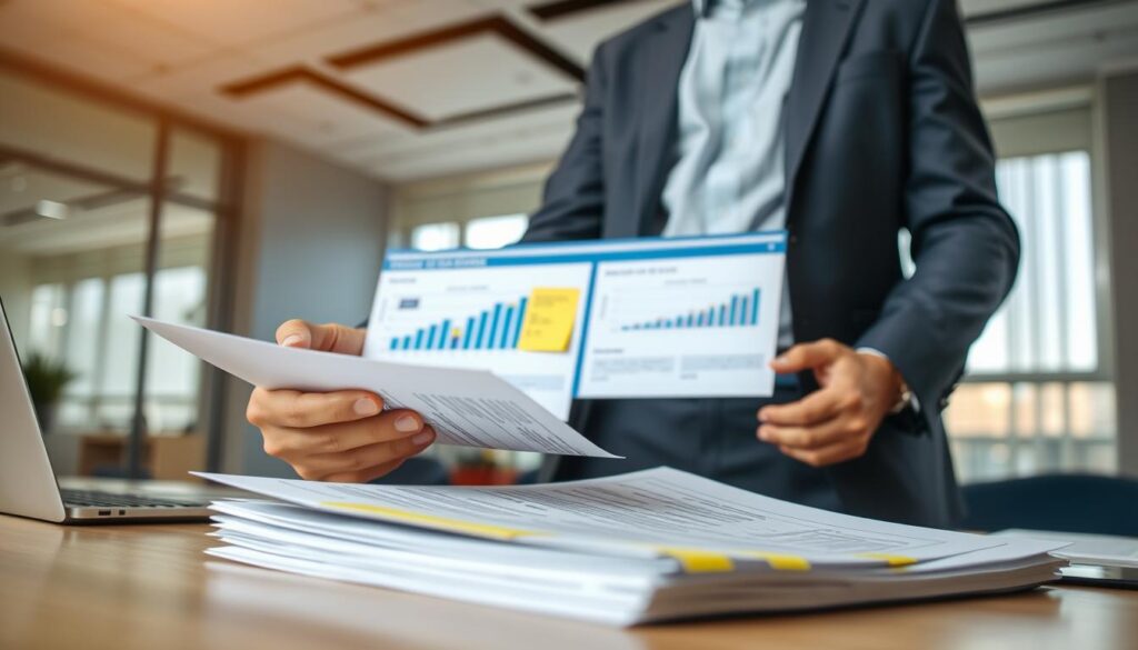 A determined individual stands confidently at a desk, reviewing a stack of insurance documents in a modern office setting. The foreground features a close-up of their hands actively engaging with the papers, highlighting important sections marked with neon sticky notes. In the middle ground, a laptop displays graphs and charts related to insurance compensation, emphasizing analytical thinking. The background showcases a large window with soft, natural light flooding the room, creating a professional yet warm atmosphere. The person wears a smart business suit, conveying professionalism and determination in pursuing what they deserve. The overall mood is focused and resolute, reflecting the theme of fighting for rightful compensation in the face of adversity. A determined individual stands confidently at a desk, reviewing a stack of insurance documents in a modern office setting. The foreground features a close-up of their hands actively engaging with the papers, highlighting important sections marked with neon sticky notes. In the middle ground, a laptop displays graphs and charts related to insurance compensation, emphasizing analytical thinking. The background showcases a large window with soft, natural light flooding the room, creating a professional yet warm atmosphere. The person wears a smart business suit, conveying professionalism and determination in pursuing what they deserve. The overall mood is focused and resolute, reflecting the theme of fighting for rightful compensation in the face of adversity.