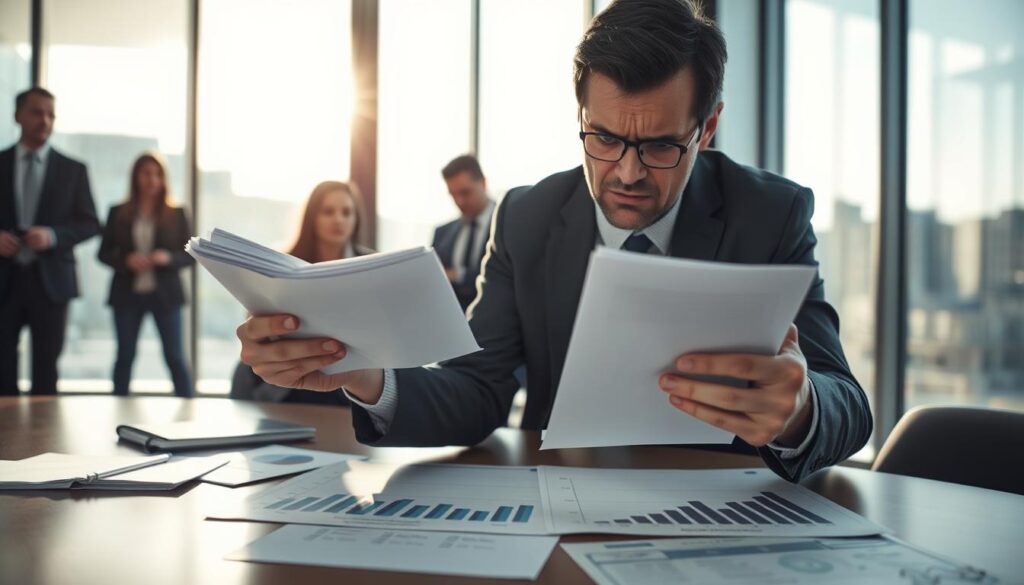 A dramatic scene depicting a business meeting in a modern office setting, focusing on a concerned insurance adjuster reviewing documents related to compensation claims. In the foreground, the adjuster, dressed in professional attire, holds a stack of papers with a worried expression, symbolizing the burden of undervaluing claims. The middle ground features a large conference table with charts and graphs illustrating declining compensation figures. In the background, large glass windows allow natural light to pour in, illuminating the room, creating a stark contrast between the bright environment and the somber mood of the meeting. The atmosphere is tense but professional, emphasizing the serious nature of the discussion on claims adjustments. A wide-angle perspective captures the entire setting, highlighting the importance of the topic.