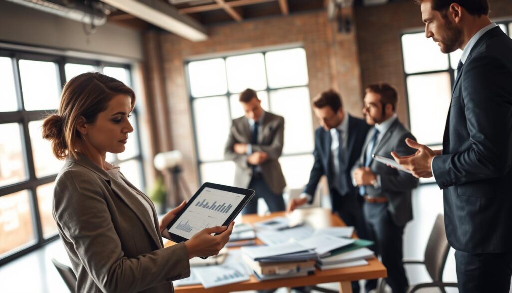 A dynamic office environment filled with professionals discussing insurance claims. In the foreground, a female insurance adjuster in professional attire examines a tablet with graphs and data displayed, portraying a serious expression. In the middle ground, two male colleagues in business suits are engaged in a focused conversation, with one pointing to documents on a table cluttered with files and charts. The background showcases large windows letting in soft, natural light, creating a bright and open atmosphere. The overall mood is tense yet productive, reflecting a shifting mentality in the insurance industry. The image should be composed from a slightly elevated angle, emphasizing the workspace and the interactions among the team. A dynamic office environment filled with professionals discussing insurance claims. In the foreground, a female insurance adjuster in professional attire examines a tablet with graphs and data displayed, portraying a serious expression. In the middle ground, two male colleagues in business suits are engaged in a focused conversation, with one pointing to documents on a table cluttered with files and charts. The background showcases large windows letting in soft, natural light, creating a bright and open atmosphere. The overall mood is tense yet productive, reflecting a shifting mentality in the insurance industry. The image should be composed from a slightly elevated angle, emphasizing the workspace and the interactions among the team.