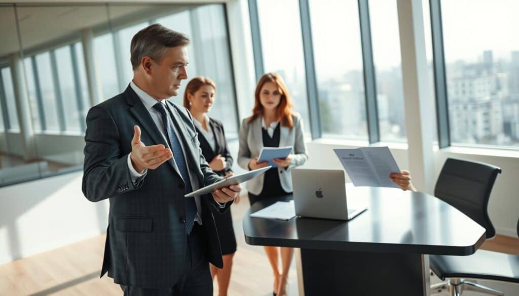 A group of three professional insurance agents discussing policies in a modern office setting in Poland. In the foreground, a middle-aged male agent in a tailored suit gestures while explaining details to a young female agent in business attire, holding a tablet. The middle ground features a sleek desk with insurance documents and a laptop open, with natural light streaming through large windows, creating a bright atmosphere. In the background, a city skyline is visible, adding depth to the scene. The mood is focused and collaborative, reflecting the serious nature of insurance obligations. Capture the image with a slightly elevated angle, emphasizing the interaction among the agents while ensuring a professional and engaging composition.