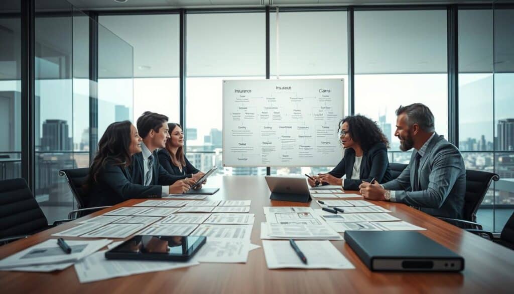 A modern office environment showcasing a group of four diverse professionals in business attire engaged in an animated discussion around a large conference table. In the foreground, detailed documents and digital tablets are scattered across the table, illustrating insurance procedures and claims analysis. The middle ground includes a whiteboard filled with flowcharts and key terms related to insurance practices. The background reveals a glass wall with a view of a city skyline, suggesting an urban corporate setting. Soft, natural lighting floods the room, casting a professional yet approachable atmosphere. The camera angle is slightly elevated, giving a comprehensive view of the scene, emphasizing collaboration and analysis.