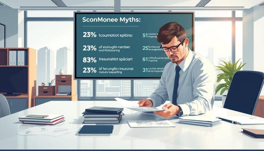A professional and informative illustration depicting the theme of "ubezpieczenie komunikacyjne" (motor insurance) in a modern office environment. In the foreground, a focused insurance agent in professional business attire analyzes documents on a sleek desk, surrounded by various insurance-related materials. The middle layer features a digital screen displaying statistics and common myths regarding insurance claims, emphasizing the text visually but without any words. In the background, a large window shows a cityscape, with soft natural light flooding the room, creating an atmosphere of professionalism and trustworthiness. The overall mood is serious yet hopeful, reflecting a critical examination of misconceptions in the insurance industry. The angle is slightly angled down to emphasize the action and engagement of the agent.
