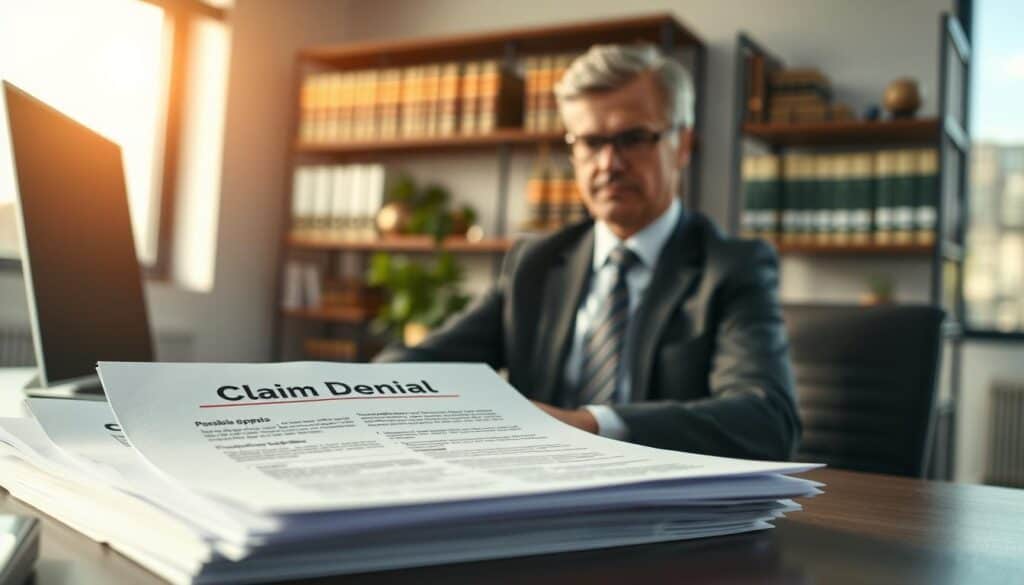 A professional and serene office setting, where a middle-aged man in a business suit is sitting at a desk, looking thoughtfully at a pile of paperwork, including a document labeled "Claim Denial." In the foreground, a close-up of the paper highlights sections like "Possible Appeals" with striking red marks. The middle ground features a modern office environment with a large window letting in soft natural light, casting gentle shadows. In the background, shelves lined with law books and a potted plant add a touch of professionalism. The mood is reflective and determined, symbolizing the complexities and challenges of appealing an insurance claim denial. Use a clear focus with a slight blur on the background to emphasize the subject.
