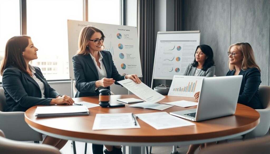 A professional business meeting room, featuring a round table set with legal documents, charts, and a laptop. In the foreground, a middle-aged woman in a smart business suit points to a document while discussing it with a group of diverse colleagues, all dressed in professional attire. The middle ground showcases a whiteboard filled with analysis graphs and key statistics related to insurance claims. In the background, large windows let in natural light, casting a warm glow across the scene, emphasizing a collaborative atmosphere. The overall mood is serious yet optimistic, reflecting the resolution of issues and forward-thinking. The angle is eye-level, providing a clear view of the interactions between the participants, capturing the essence of problem-solving and conclusions being drawn. A professional business meeting room, featuring a round table set with legal documents, charts, and a laptop. In the foreground, a middle-aged woman in a smart business suit points to a document while discussing it with a group of diverse colleagues, all dressed in professional attire. The middle ground showcases a whiteboard filled with analysis graphs and key statistics related to insurance claims. In the background, large windows let in natural light, casting a warm glow across the scene, emphasizing a collaborative atmosphere. The overall mood is serious yet optimistic, reflecting the resolution of issues and forward-thinking. The angle is eye-level, providing a clear view of the interactions between the participants, capturing the essence of problem-solving and conclusions being drawn.