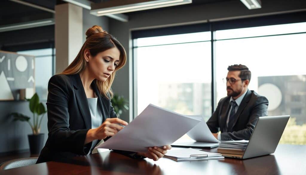 A professional business setting depicting a meeting between an insurance adjuster and a policyholder in a modern office. In the foreground, a female adjuster in a smart suit is reviewing documents on the table, showing concern and attentiveness. The middle layer includes a male policyholder, dressed in business casual attire, looking contemplative as he listens, with a stack of paperwork and a laptop open in front of him. The background features a large window with diffuse natural light pouring in, casting soft shadows and illuminating the corporate décor, including a potted plant and abstract artwork. The atmosphere is tense yet respectful, highlighting the serious nature of insurance discussions and the possibility of appealing decisions. The image conveys a sense of professionalism and urgency, suited for a discussion on legal rights and claims.