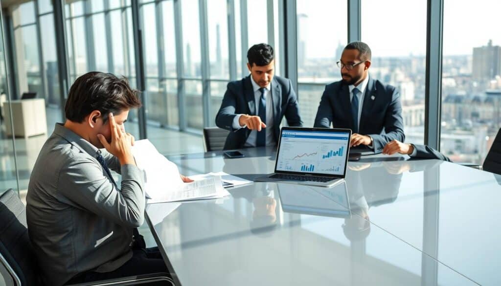 A professional business setting featuring a diverse group of three individuals, one person representing a client looking discouraged and two others portraying insurance agents in professional attire. The foreground shows the client sitting at a sleek conference table, looking concerned and holding paperwork. In the middle, the agents are discussing the documents, one pointing to a laptop screen displaying graphs and statistics about claims. The background features a modern office with glass walls and a city skyline visible through a large window, conveying a sense of urgency and professionalism. The lighting is bright and natural, emphasizing the serious mood of the discussion. The image captures the tension of navigating insurance disputes and the process of seeking fair compensation.
