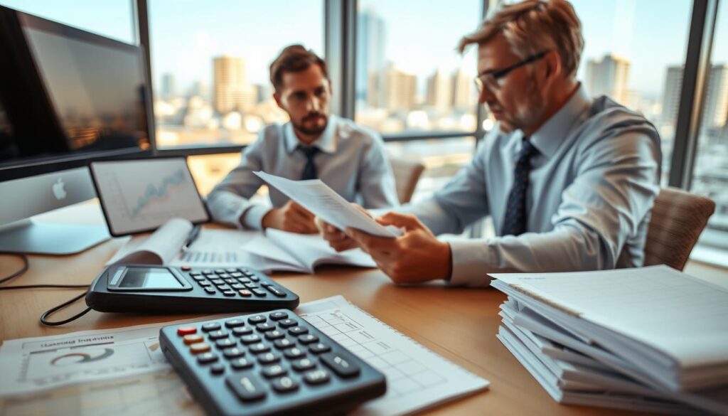 A professional claims adjuster in business attire is reviewing a pile of insurance documents at their desk, surrounded by computers displaying graphs and charts related to damage assessments. In the foreground, a close-up of a calculator and a notepad filled with calculations reflects the meticulous work involved in claims processing. The middle ground features the adjuster engaged in a focused discussion with a client, who appears concerned but attentive, both displayed against a bright, well-lit office environment. In the background, large windows show a cityscape to convey an urban setting. The atmosphere is serious yet hopeful, highlighting the dedication to navigating the complexities of damage settlements. The lighting is warm, creating a professional but inviting mood, focusing on collaboration and expertise. A professional claims adjuster in business attire is reviewing a pile of insurance documents at their desk, surrounded by computers displaying graphs and charts related to damage assessments. In the foreground, a close-up of a calculator and a notepad filled with calculations reflects the meticulous work involved in claims processing. The middle ground features the adjuster engaged in a focused discussion with a client, who appears concerned but attentive, both displayed against a bright, well-lit office environment. In the background, large windows show a cityscape to convey an urban setting. The atmosphere is serious yet hopeful, highlighting the dedication to navigating the complexities of damage settlements. The lighting is warm, creating a professional but inviting mood, focusing on collaboration and expertise.