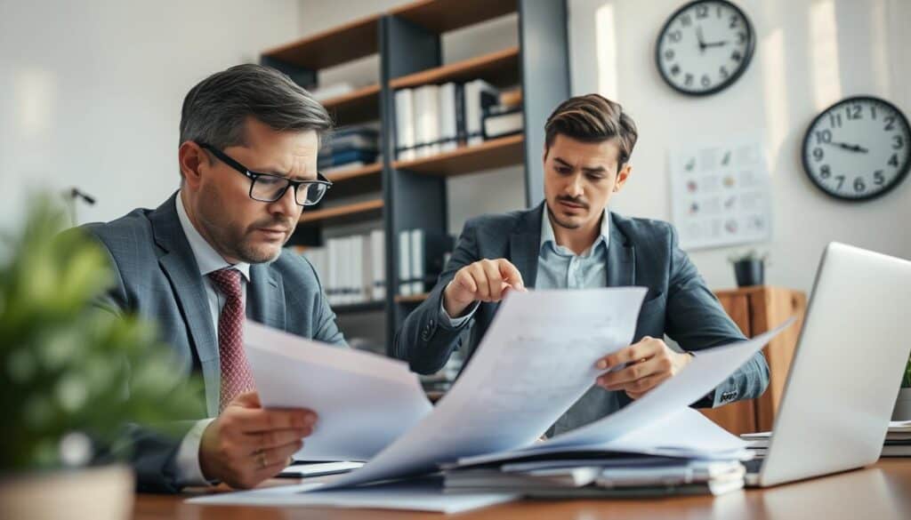 A professional damage liquidator in an office setting, analyzing insurance claims documents and discussing with a client. Foreground features a well-dressed male liquidator with glasses, deeply focused on a laptop, surrounded by papers. Middle ground shows a concerned client in business casual attire, pointing at a document. The background contains shelves filled with insurance books and a wall clock showing the time. Soft, natural lighting streams through a window, creating an atmosphere of professionalism and seriousness. The angle is slightly above eye level, capturing a comprehensive view of the interaction. The scene conveys a mood of diligence and the importance of effective claims management in the insurance process.
