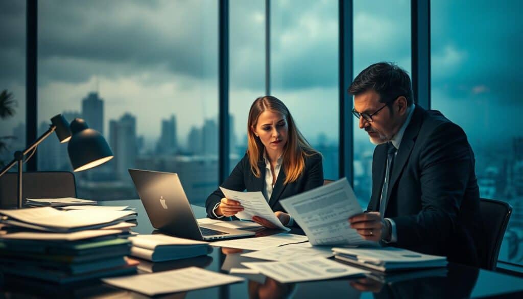 A professional, dimly lit office environment serves as the background, with a large window revealing a gloomy cityscape outside, symbolizing economic challenges. In the foreground, a group of three business professionals dressed in formal attire – a woman and two men – sit around a conference table, examining documents and discussing intently. The woman, with concerned facial expressions, points at a contract that displays numerical figures, suggesting a conversation about undervalued compensation. The middle ground features various stacks of paperwork and a laptop, illuminated by a soft desk lamp. The atmosphere is tense and serious, emphasizing the theme of financial discrepancies with cool-toned lighting casting subtle shadows across the scene, shot with a slight depth of field to focus on the subjects' expressions.