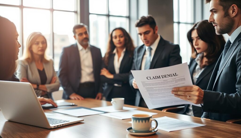 A professional, formal office environment focused on a meeting discussing an insurance claim denial. In the foreground, a diverse group of three business professionals dressed in smart attire, one holding a document titled "Claim Denial" while the others listen intently, showing expressions of concern and determination. The middle ground features a table with legal papers, a laptop, and a cup of coffee, symbolizing the serious nature of the discussion. In the background, light filters through large windows, illuminating the space with a warm glow. The atmosphere conveys tension but also a sense of resolve, emphasizing the quest for understanding and action regarding the denial of compensation claims. The composition is balanced, with a slight tilt for a dynamic perspective, capturing the essence of advocacy and negotiation. A professional, formal office environment focused on a meeting discussing an insurance claim denial. In the foreground, a diverse group of three business professionals dressed in smart attire, one holding a document titled "Claim Denial" while the others listen intently, showing expressions of concern and determination. The middle ground features a table with legal papers, a laptop, and a cup of coffee, symbolizing the serious nature of the discussion. In the background, light filters through large windows, illuminating the space with a warm glow. The atmosphere conveys tension but also a sense of resolve, emphasizing the quest for understanding and action regarding the denial of compensation claims. The composition is balanced, with a slight tilt for a dynamic perspective, capturing the essence of advocacy and negotiation.
