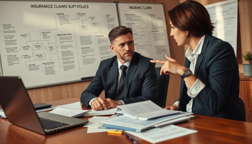 A professional insurance adjuster in a business suit, sitting at a wooden desk cluttered with documents, a laptop, and a claims file, is engaged in a deep discussion with a client. The client, dressed in business casual, looks concerned while pointing at a claim form. In the background, a large whiteboard displays flowcharts and diagrams related to insurance claims processes. The lighting is warm and inviting, suggesting a late afternoon setting, with soft shadows enhancing the atmosphere. The camera angle is slightly above eye level, focusing on the interaction between the adjuster and the client, emphasizing their expressions of professionalism and concern. The overall mood is one of serious engagement and clarity, conveying the significance of understanding the insurer's role in claims adjustment. A professional insurance adjuster in a business suit, sitting at a wooden desk cluttered with documents, a laptop, and a claims file, is engaged in a deep discussion with a client. The client, dressed in business casual, looks concerned while pointing at a claim form. In the background, a large whiteboard displays flowcharts and diagrams related to insurance claims processes. The lighting is warm and inviting, suggesting a late afternoon setting, with soft shadows enhancing the atmosphere. The camera angle is slightly above eye level, focusing on the interaction between the adjuster and the client, emphasizing their expressions of professionalism and concern. The overall mood is one of serious engagement and clarity, conveying the significance of understanding the insurer's role in claims adjustment.