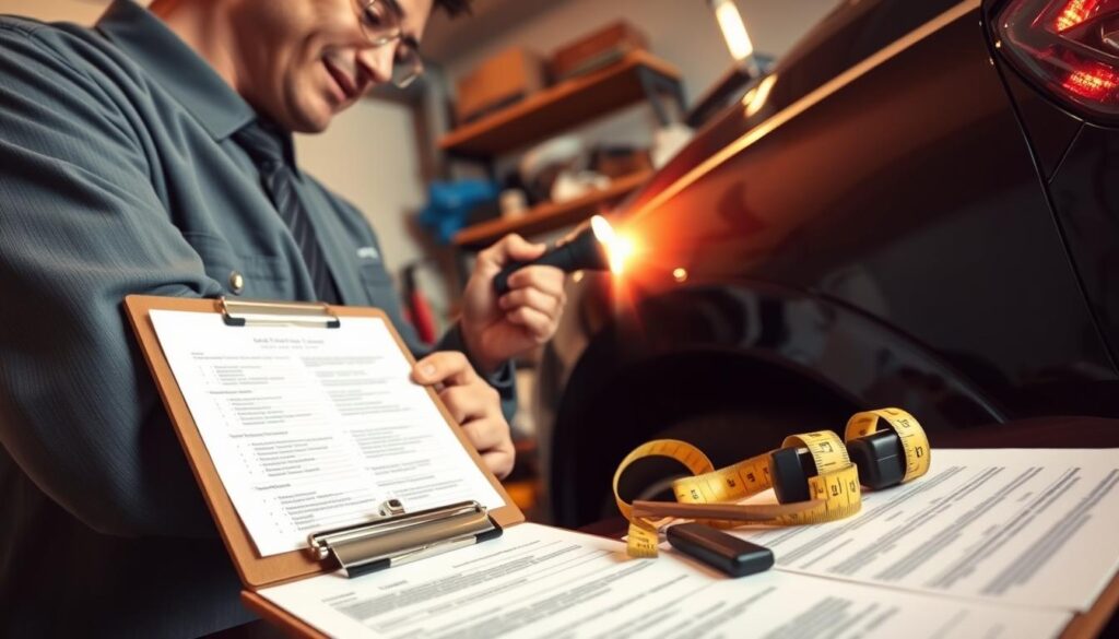 A professional insurance adjuster in business attire is inspecting a vehicle in a well-lit garage. The foreground shows a clipboard with detailed assessment notes and various damage assessment tools like a paint thickness gauge and a measuring tape. In the middle ground, the adjuster is closely examining a dent on the car's fender, holding a flashlight to analyze imperfections. The background features shelves filled with more assessment tools and equipment, highlighting a meticulous workspace. Soft, warm lighting creates an inviting atmosphere, emphasizing the seriousness of the assessment process. The angle captures both the adjuster and the tools, showcasing the meticulous nature of insurance evaluations without any text or distractions. A professional insurance adjuster in business attire is inspecting a vehicle in a well-lit garage. The foreground shows a clipboard with detailed assessment notes and various damage assessment tools like a paint thickness gauge and a measuring tape. In the middle ground, the adjuster is closely examining a dent on the car's fender, holding a flashlight to analyze imperfections. The background features shelves filled with more assessment tools and equipment, highlighting a meticulous workspace. Soft, warm lighting creates an inviting atmosphere, emphasizing the seriousness of the assessment process. The angle captures both the adjuster and the tools, showcasing the meticulous nature of insurance evaluations without any text or distractions.