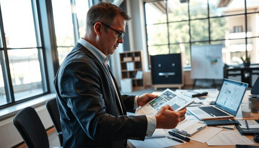 A professional insurance adjuster in the process of assessing damages in a well-lit, modern office environment. In the foreground, focus on the adjuster, a middle-aged individual in professional attire, meticulously examining documents and photographs of damaged property, showing a look of concentration and diligence. In the middle ground, a large desk cluttered with various claims papers, a laptop open displaying technical diagrams, and tools for damage assessment. In the background, large windows allow natural light to filter in, illuminating the scene and creating a sense of transparency and professionalism. The ambiance is serious and focused, reflecting the importance of the adjuster's role in the claims process. The camera angle should be slightly above eye level, providing a comprehensive view of the workspace. A professional insurance adjuster in the process of assessing damages in a well-lit, modern office environment. In the foreground, focus on the adjuster, a middle-aged individual in professional attire, meticulously examining documents and photographs of damaged property, showing a look of concentration and diligence. In the middle ground, a large desk cluttered with various claims papers, a laptop open displaying technical diagrams, and tools for damage assessment. In the background, large windows allow natural light to filter in, illuminating the scene and creating a sense of transparency and professionalism. The ambiance is serious and focused, reflecting the importance of the adjuster's role in the claims process. The camera angle should be slightly above eye level, providing a comprehensive view of the workspace.