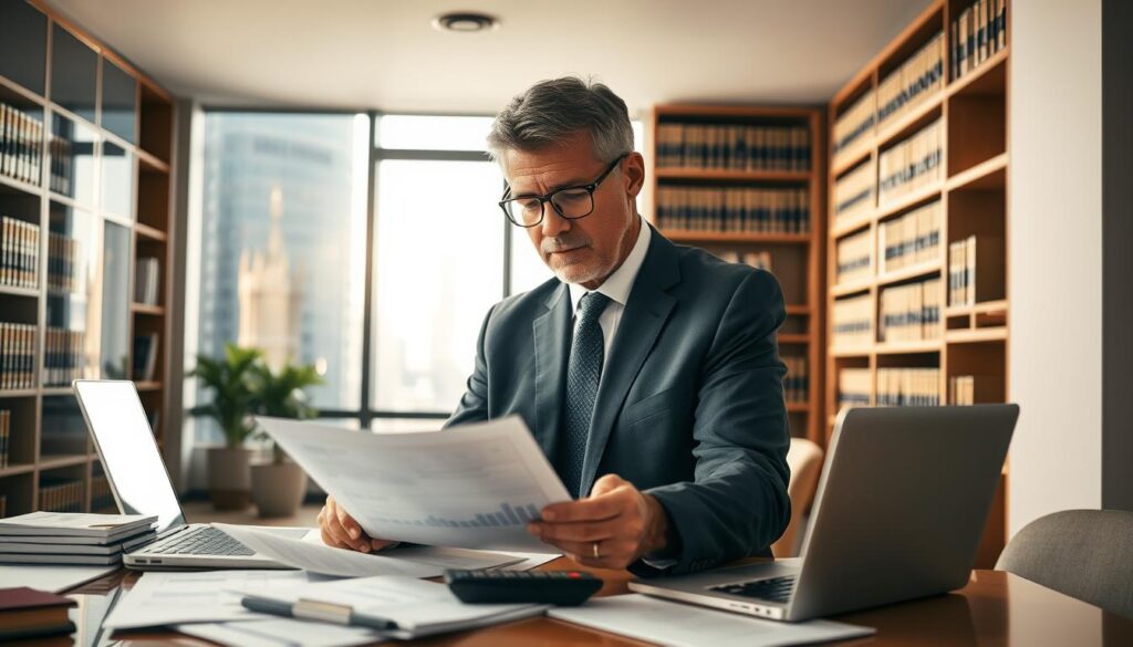 A professional insurance adjuster reviewing a claim documentation in a well-lit office environment. The foreground features a focused middle-aged man in a smart suit, surrounded by papers, a calculator, and a laptop displaying statistics. In the middle, a large window offers a view of a cityscape, symbolizing a bustling corporate atmosphere. The background includes bookshelves filled with legal texts about insurance policies and compensation. The lighting is warm and inviting, casting soft shadows that create a thoughtful mood. The angle of the shot is slightly elevated, emphasizing the professional setting while showcasing the importance of diligent claims analysis. The overall atmosphere conveys seriousness and a commitment to fair compensation practices. A professional insurance adjuster reviewing a claim documentation in a well-lit office environment. The foreground features a focused middle-aged man in a smart suit, surrounded by papers, a calculator, and a laptop displaying statistics. In the middle, a large window offers a view of a cityscape, symbolizing a bustling corporate atmosphere. The background includes bookshelves filled with legal texts about insurance policies and compensation. The lighting is warm and inviting, casting soft shadows that create a thoughtful mood. The angle of the shot is slightly elevated, emphasizing the professional setting while showcasing the importance of diligent claims analysis. The overall atmosphere conveys seriousness and a commitment to fair compensation practices.