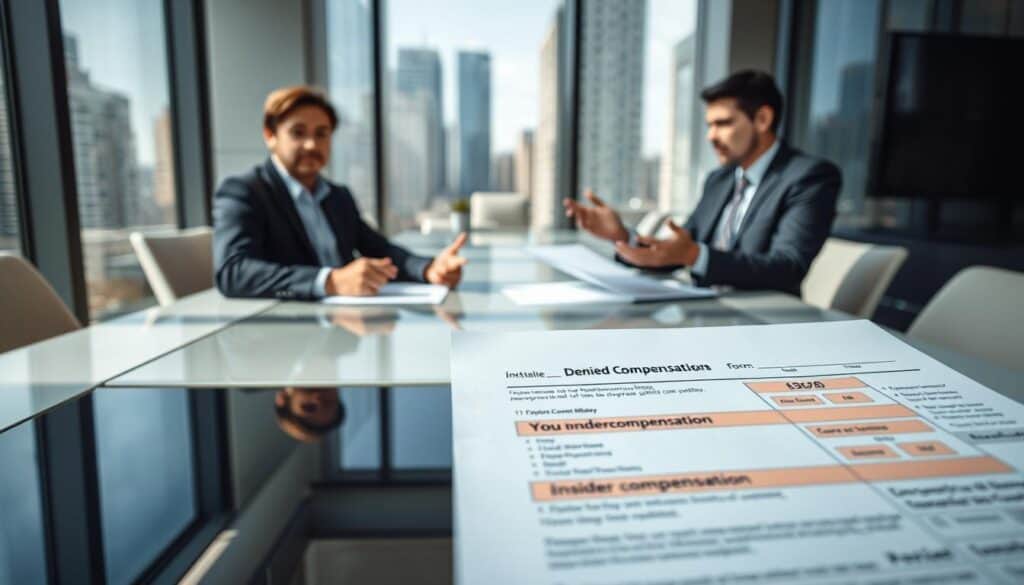 A professional insurance advisor sitting at a sleek conference table in a modern office, reviewing documents with a concerned expression. In the foreground, a close-up of a denied compensation claim form, with highlighted sections indicating insufficient payments, symbolizing the issue of undercompensation. In the middle ground, a well-dressed lawyer offering guidance, gesturing toward the form with a supportive demeanor. The background features large windows with city views, allowing natural light to illuminate the scene, creating a serious and contemplative atmosphere. The setting is neat and organized, reflecting professionalism and urgency, emphasizing the roles of advisors and lawyers in the compensation process.